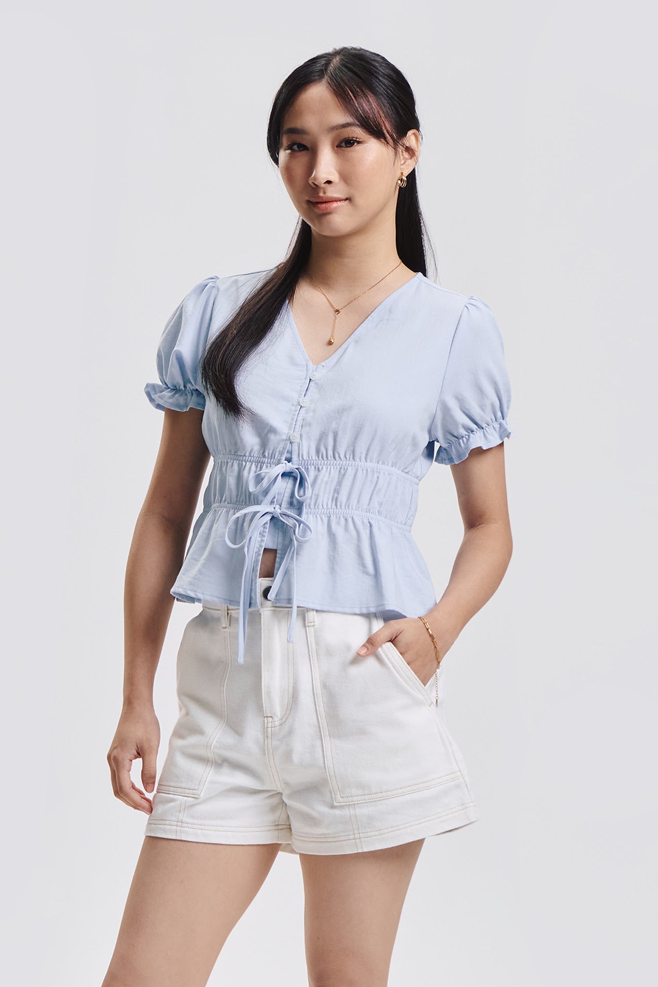Short Puff Sleeve Blouse with Tie Details