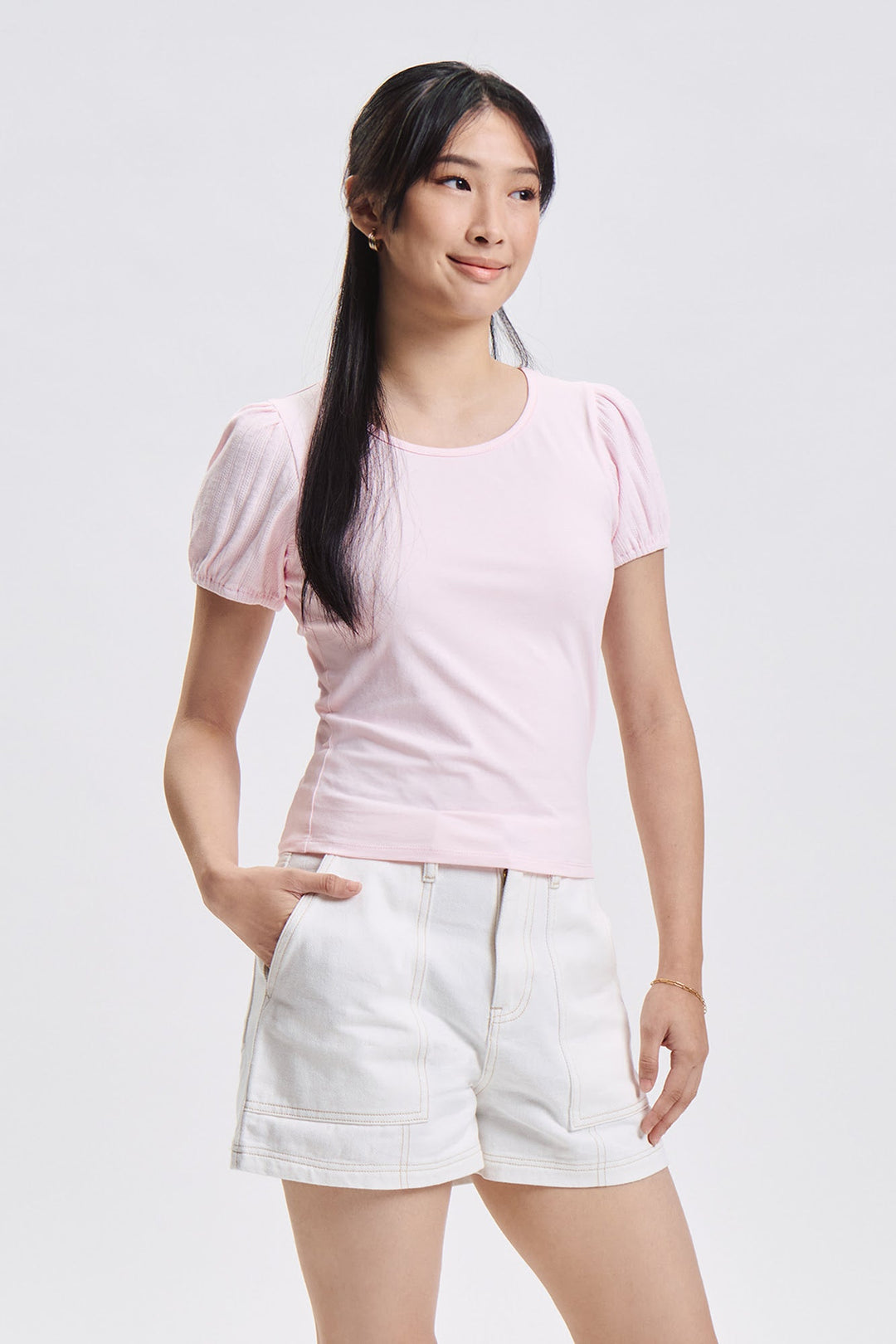 Cropped Pointelle Puff Sleeve Top