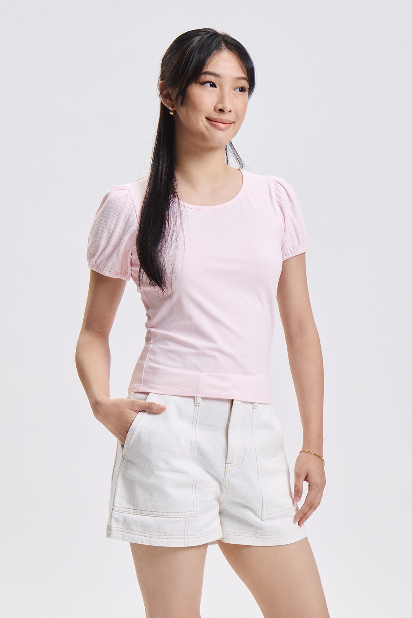 Cropped Pointelle Puff Sleeve Top