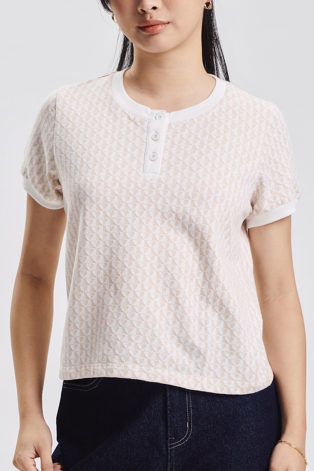 Hearts Print Henley Jacquard Top