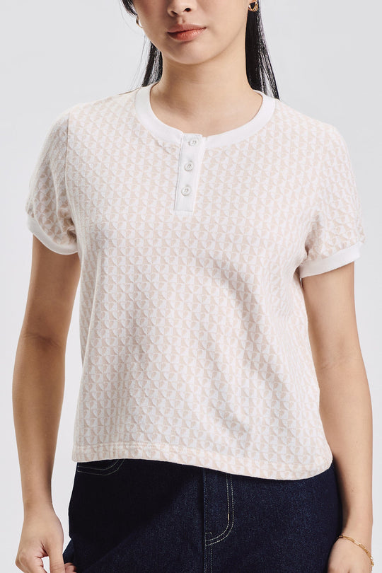 Hearts Print Henley Jacquard Top