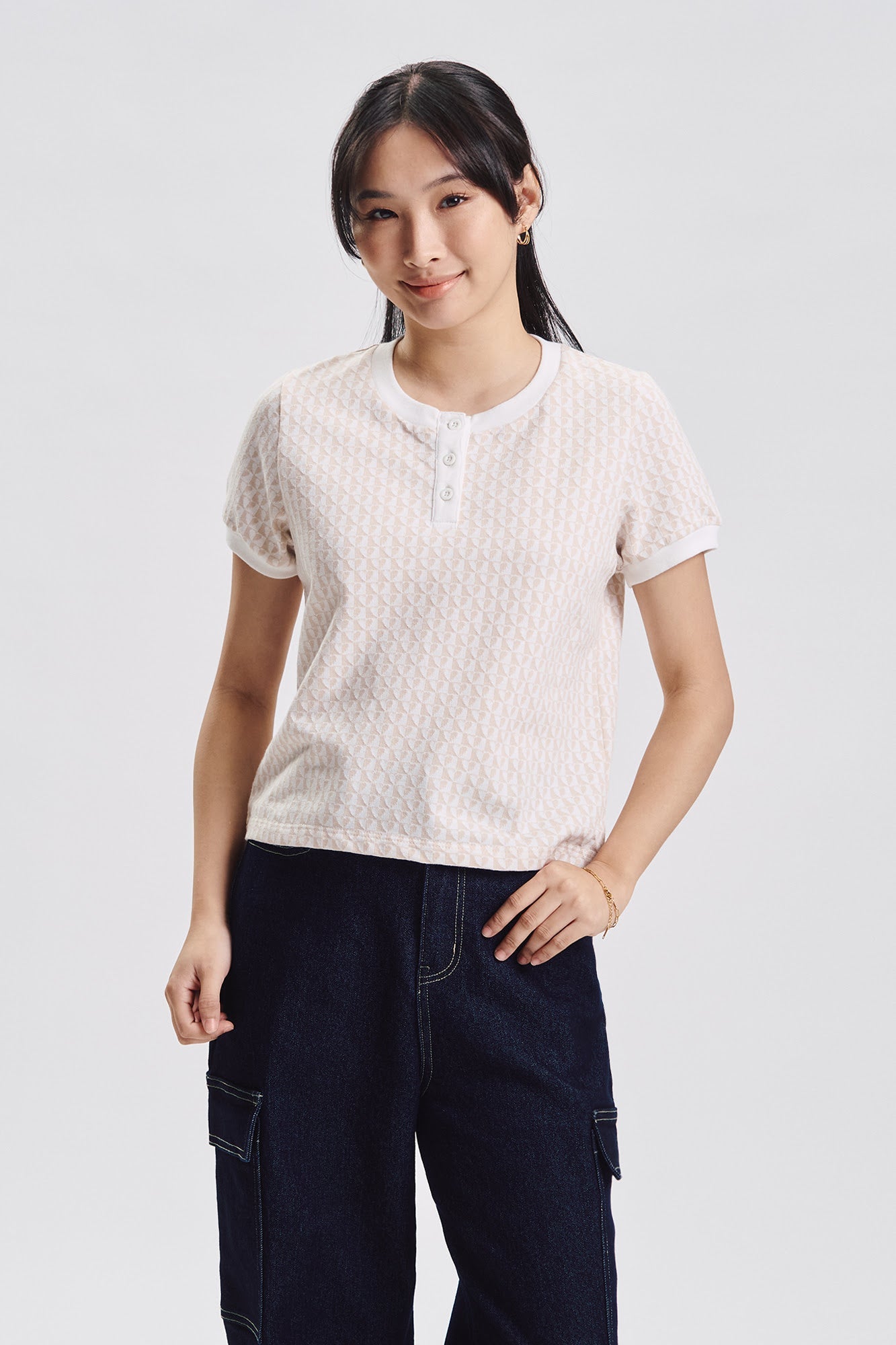 Hearts Print Henley Jacquard Top