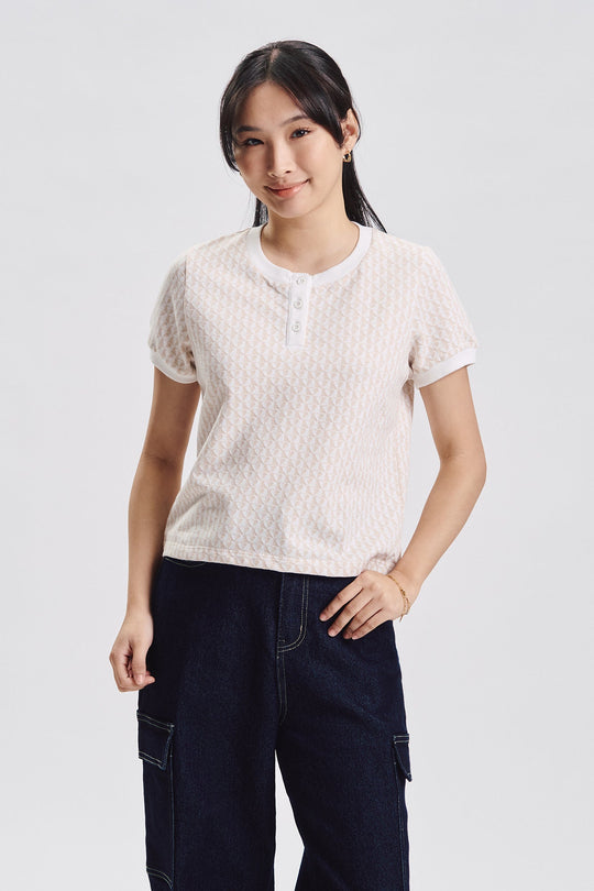 Hearts Print Henley Jacquard Top
