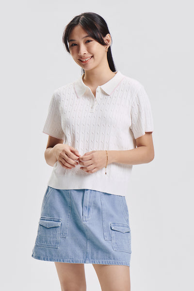 Relaxed Cable Knit Polo with Contrast Tipping