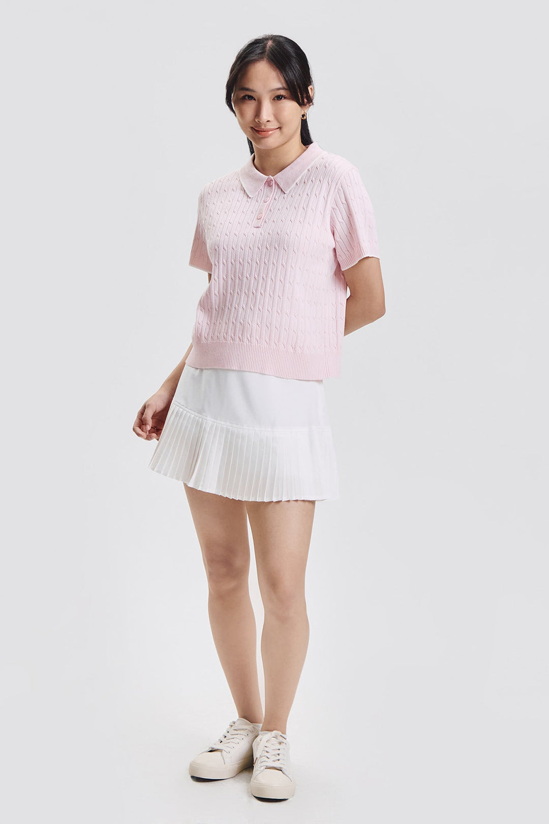 Relaxed Cable Knit Polo with Contrast Tipping