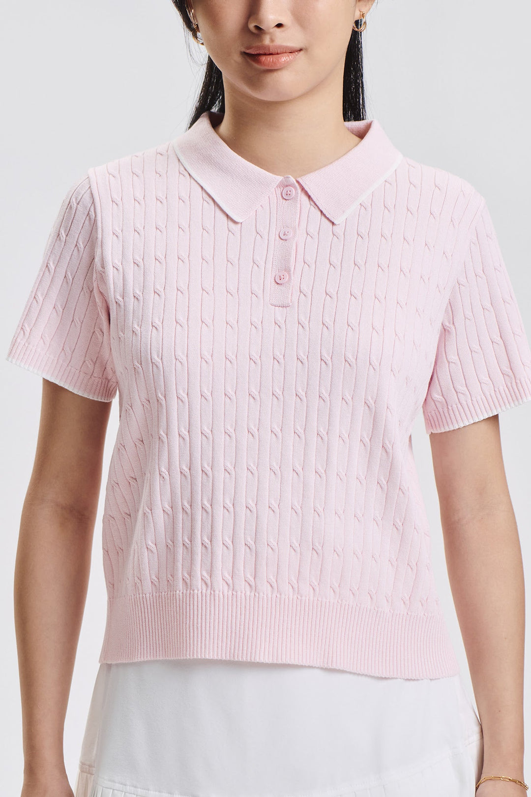 Relaxed Cable Knit Polo with Contrast Tipping