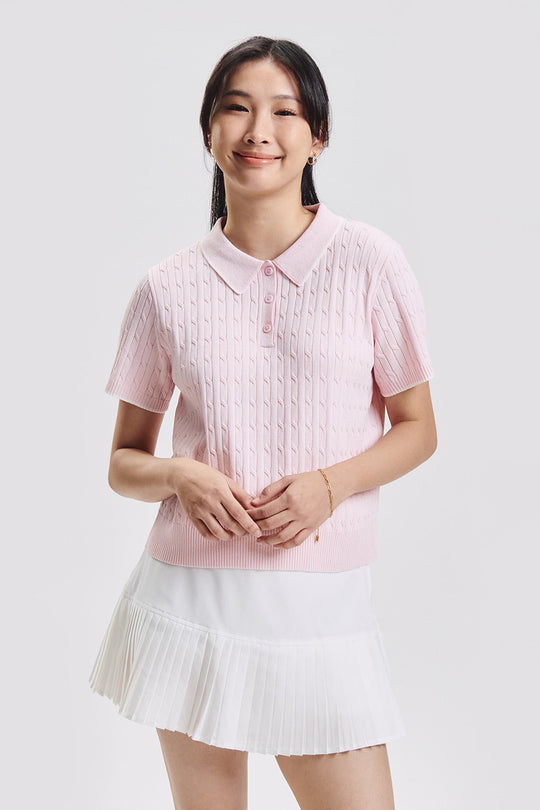 Relaxed Cable Knit Polo with Contrast Tipping