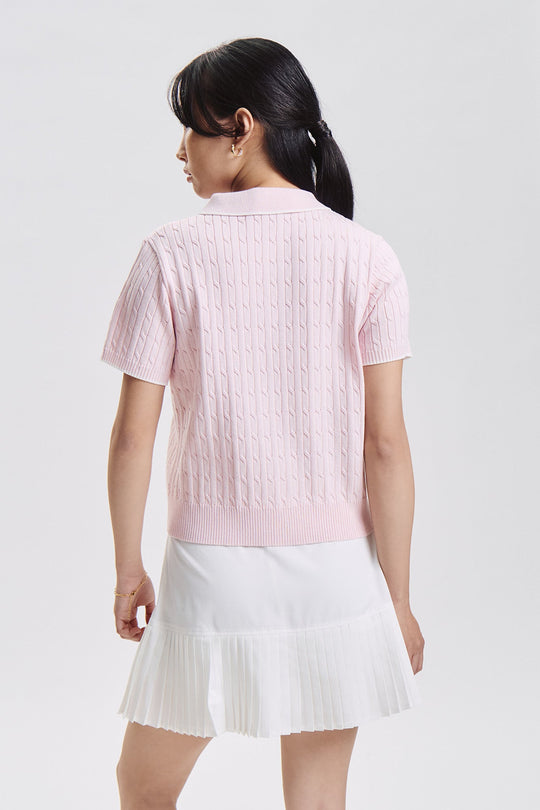 Relaxed Cable Knit Polo with Contrast Tipping
