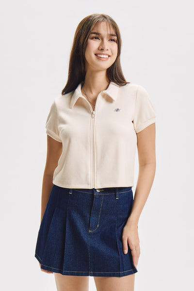 Puff Sleeve Zip Ribbed Knit Polo with Embroidery