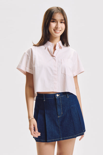 Striped Short Sleeve Button Down Top with Pocket