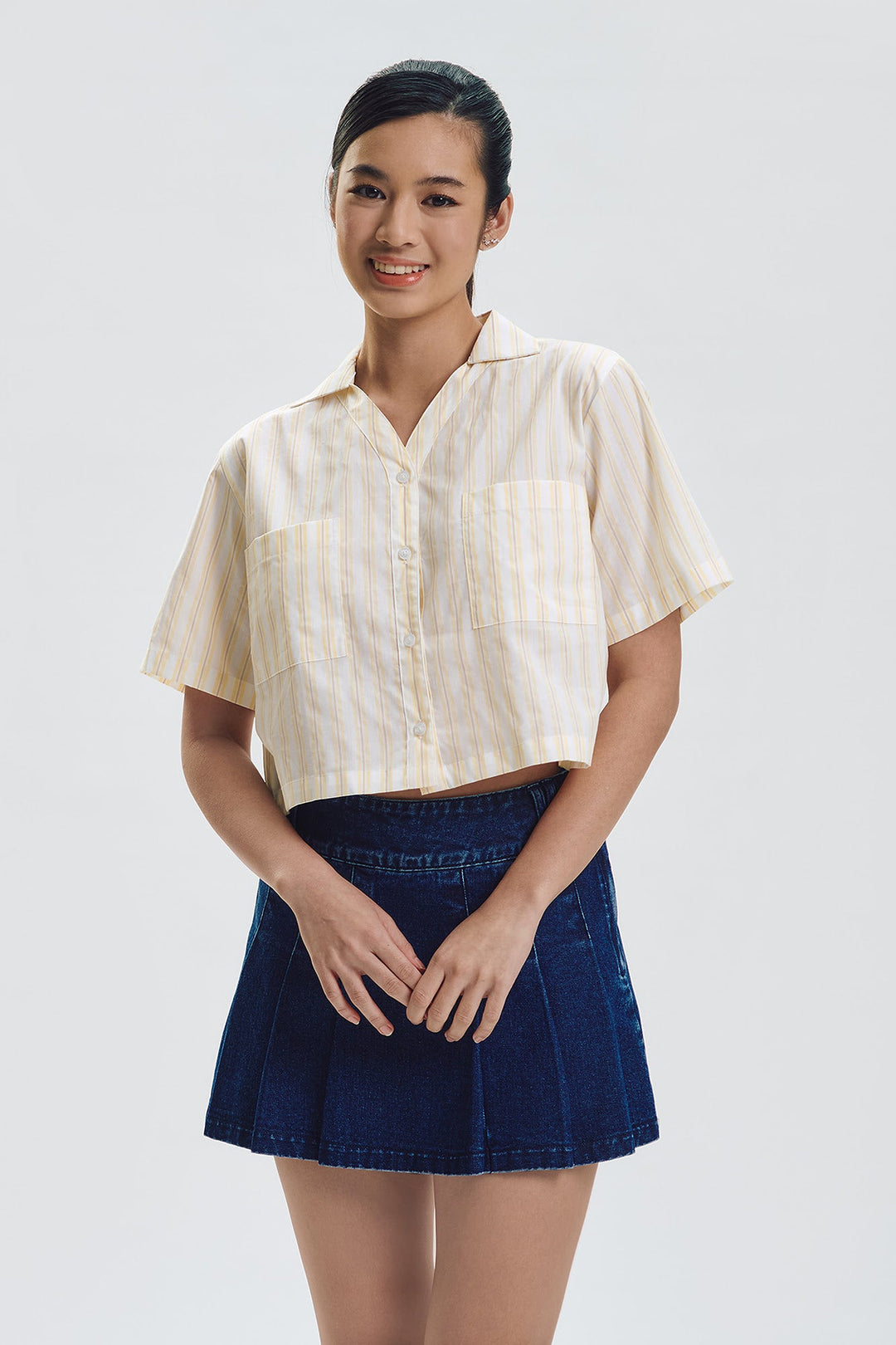 Short Sleeve Striped Relaxed Button Down Top