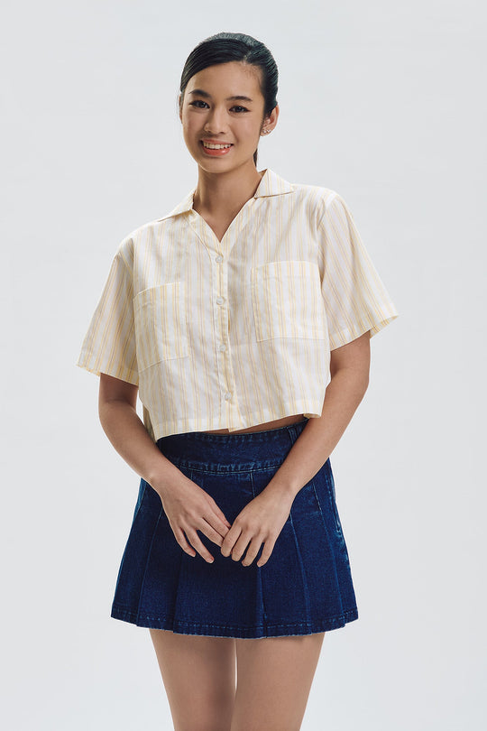 Short Sleeve Striped Relaxed Button Down Top